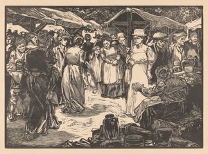Escena de mercado con hombres y mujeres