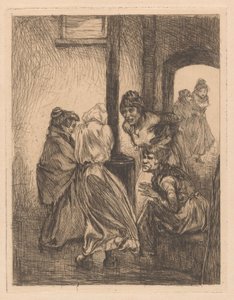 Cuatro mujeres acurrucadas alrededor de una estufa de Johannes Josephus Aarts