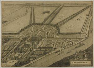 Hampton Court, placa seis de Britannia Illustrata de Johannes Kip