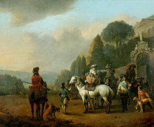 Un grupo de halconeros a las puertas de un castillo (óleo sobre lienzo)