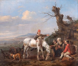 Paisaje con viajeros descansando (óleo sobre tabla de roble) de Johannes Lingelbach