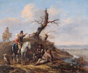 Paisaje con viajeros descansando y pareja a caballo de Johannes Lingelbach