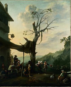 Paisaje montañoso con campesinos bailando y tocando música ante una posada de Johannes Lingelbach