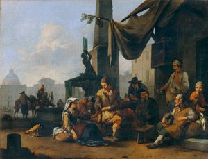 Campesinos italianos bebiendo a la puerta de un hotel romano ... de Johannes Lingelbach