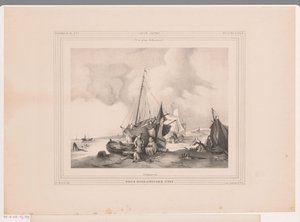 Costa holandesa con barcos y gente. Una costa holandesa (título sobre objeto) de Johannes Lodewijk Riedel