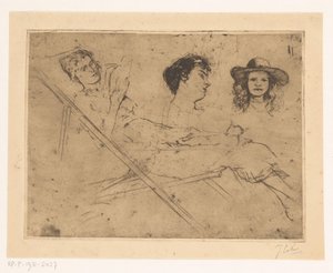 Estudio de una mujer en tumbona y dos cabezas de Johannes Löhr