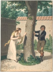 Joven y chica jugando al escondite