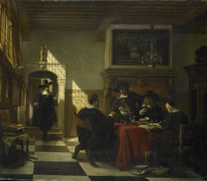 Compañía con traje del siglo XVII cerca de una mesa en la que se exhibe una copa Nautilus de Johannes Stroebel