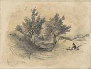 Paisaje de brezo cerca de Cleverberg con un hombre sentado con un perro de Johannes Tavenraat