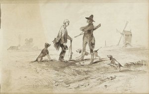 Cazadores con perros en un paisaje con un molino de viento de Johannes Tavenraat