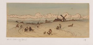 Paisaje en la región de las dunas con cazadores y perros de Johannes Tavenraat