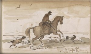Paisaje con un jinete y perros corriendo de Johannes Tavenraat