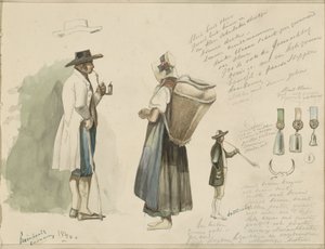 Hombre que fuma en pipa, mujer con cesta, rosetas y un soplador de cuernos de caza de Johannes Tavenraat