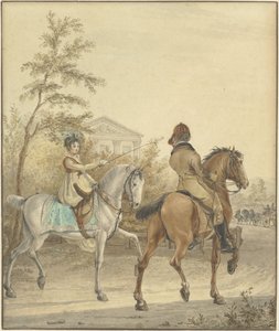 Un hombre y una mujer a caballo en un camino rural de Johannes Vinkeles
