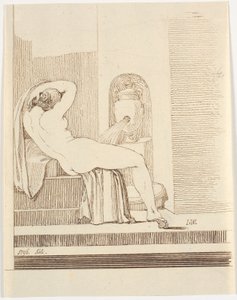 Mujer desnuda con manto vista desde atrás, frente a una fuente de Johannes Wiedewelt