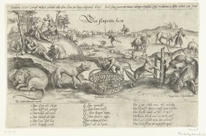 El león dormido, 1567 El león dormido (título sobre el objeto) Cuatro alegorías de los acontecimientos ocurridos entre 1576 y 1579 en los Países Bajos (título de la serie) de Johannes Wierix (attributed to)