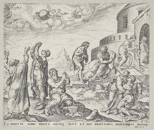 Hombre pidiendo perdón y perdonando a sus deudores de Johannes Wierix
