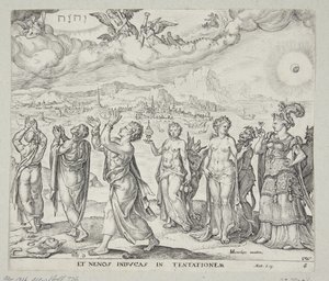 Hombre resistiendo la tentación del dinero, la lujuria y el honor de Johannes Wierix