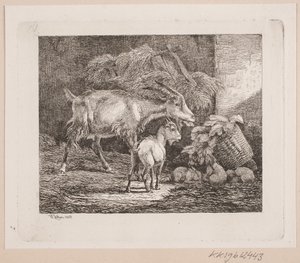 Una cabra, un cabrito y conejos en un establo de Johannes Wilhelm Zillen