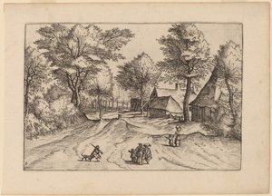 Camino del pueblo con granja y cobertizos de Johannes and Lucas van Doetechum after Master of the Small Landscapes