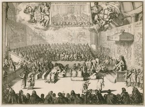 Una sesión en la Cámara de los Comunes con Jorge II en el trono de Johannes and Mortier, Cornelis Covens