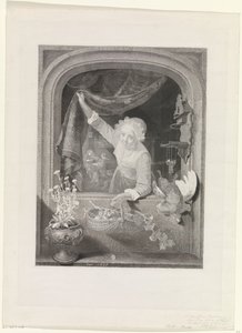 Mujer con canasta de frutas en la mano junto a la ventana