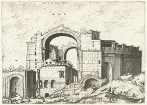 Gezicht op de Sint Pieter en Roma Deformación del Aedis D. Peter Romana (título sobre objeto) Ruinas romanas, 1561 (título de la serie) de Johannes of Lucas van Doetechum (attributed to)