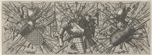 Friso con casco, escudo y armas de palo cruzadas y ballestas a la izquierda Panoplia sev armamentarium… (título de la serie) de Johannes of Lucas van Doetechum