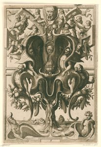 Ornamento en forma de concha en el que se encarcelan figuras. Veelderleij Wisselinghe van grotissen ende Compertimenten (...) Libro Primo (título de la serie) de Johannes of Lucas van Doetechum