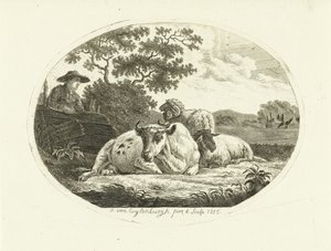 Vaca, oveja y carnero en pradera y granjero apoyado en la valla de Johannes van Cuylenburgh