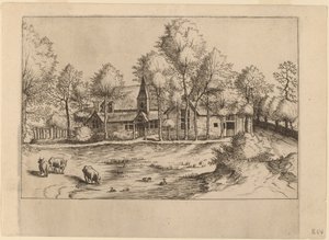 Aldea rural con iglesia de Johannes van Doetechum, the Elder and Lucas