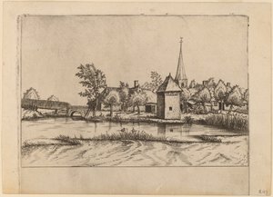 Pueblo rural con iglesia y puente
