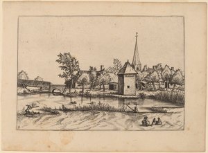 Pueblo Rural con Iglesia y Puente de Johannes van Doetechum, the Elder and Lucas