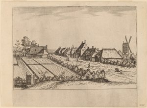 Campos y un camino de pueblo con molino de poste de Johannes van Doetechum, the Elder and Lucas
