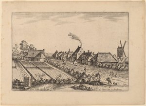 Campos y un camino de pueblo con molino de poste de Johannes van Doetechum, the Elder and Lucas