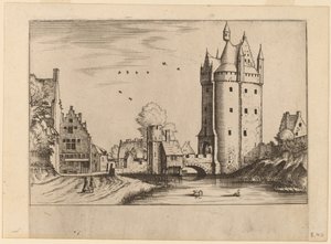 Puerta de la ciudad con casas de campo de Johannes van Doetechum, the Elder and Lucas