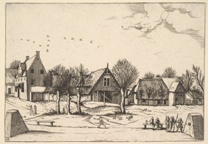 Pueblo rural, arqueros en primer plano de Multifariarum casularum ruriumque linea..., 1559-61 de Johannes van Doetecum I