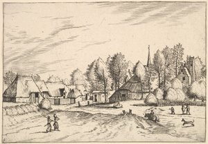 Pueblo rural con torre de iglesia de Multifariarum casularum ruriumque lineamenta cur..., 1559-61 de Johannes van Doetecum I
