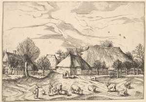 Granjas, ganado con pastores y lecheras en primer plano de Multifariarum casularu..., 1559-1561