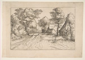 Camino del Pueblo con una Granja y Cobertizos, de la serie Los Pequeños Paisajes Multifariaru..., 1559-61 de Johannes van Doetecum I