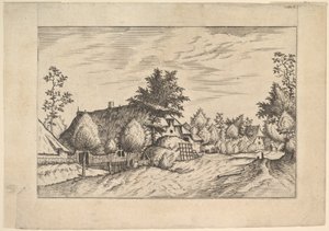 Calle del pueblo, heno apilado frente a una granja de Johannes van Doetecum I