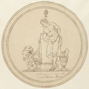 Figura masculina alegórica, de pie con dos leones