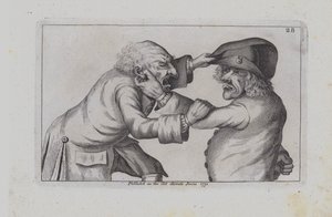 Dos hombres enojados peleando entre sí (grabado)