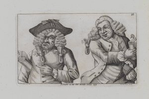 Dos hombres con peluca parodian la Carta Magna (grabado)