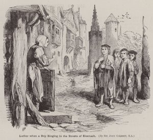 Martín Lutero cuando era niño cantando en las calles de Eisenach de John (after) Gilbert