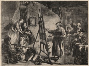 EL ESTUDIO DE REMBRANDT - grabado después de la pintura de J. Gilbert - l