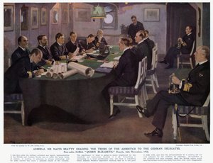 El almirante Sir David Beatty leyendo los términos del armisticio a los delegados alemanes, cabina de proa HMS Queen Elizabeth, Rosyth