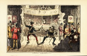 Actores interpretando a Enrique Tudor luchando contra el rey Ricardo III de Inglaterra en el escenario de un teatro
