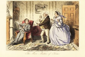 Caballero inglés descansando en un salón frente a la chimenea con sus padres indignados de John (after) Leech