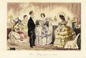 Caballero inglés visitando a una dama y sus hijas en un salón